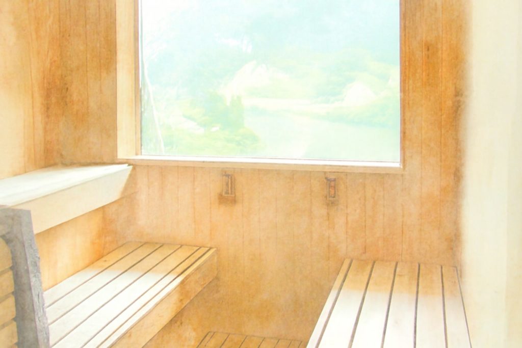 静かなサウナ室の木製ベンチと窓からの自然光