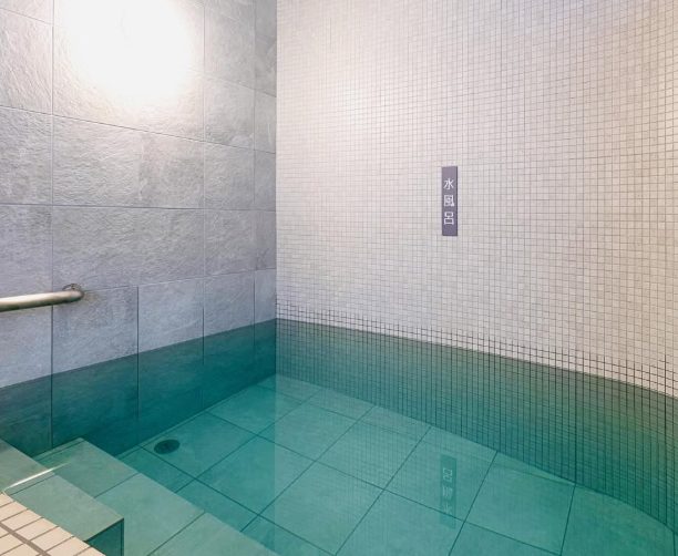 首まで浸かれる深い水風呂（松の湯）